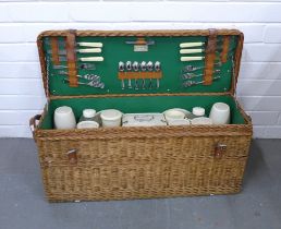 Vintage Coracle wicker picnic basket with contents, 72 x 32 x 27cm