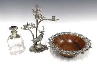 Stag pewter candelabra, fruitwood bowl with pewter rim and a glass decanter with pewter mounts and