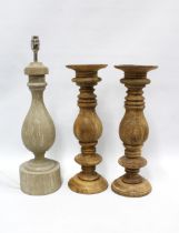 Pair of wooden knop stem candle holders, 44cm, together with a balustrade form table lamp base (3)