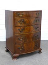 Mahogany bow front chest with five graduating long drawers, on ogee bracket feet, 68 x 101 x 53cm.