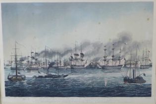 THE BOMBARDMENT AND CAPTURE OF JEAN D'ACRE, lithograph print, framed under glass, size overall 85