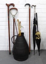 Metal bound wooden jug 49cm, with a vintage umbrella, walking sticks, shooting stick and riding