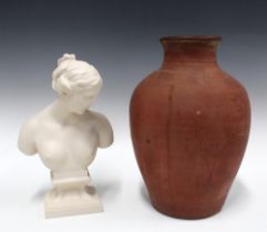 Terracotta vase, 33cm, together with a white female head and shoulders bust (2)