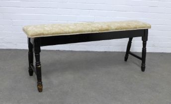 An ebonised bench / window stool seat, upholstered top, 124 x 49 x 35cm.