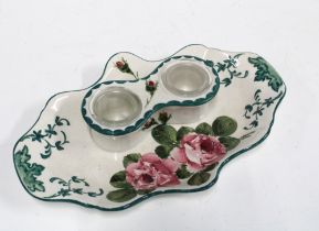 Wemyss pottery desk inkstand with cabbage roses pattern and two glass wells, impressed mark and