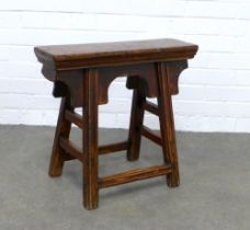 Chinoiserie hardwood porch stool, with a plain rectangular seat, raised on splayed legs with