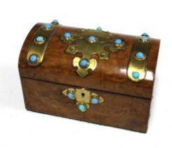 Victorian walnut tea caddy, bras mounted with turquoise cabochons, two internal divisions, 20 x 12 x