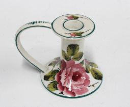 Wemyss pottery chamber candlestick decorated with cabbage roses, green script backstamp, 9cm