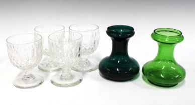 Four glass rummers with facet cut bowls and two coloured glass hyacinth bulb vases, 15cm (6)