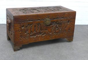 Chinese carved camphorwood blanket chest / /trunk, with brass clasp, 79 x 39 x 35cm.