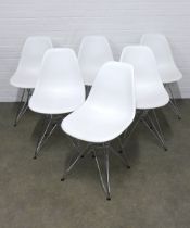 Set of six white DSR style chairs, on chromed legs, 46 x 81 x 42cm. (6)