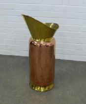 Brass and copper stick stand, churn shape, 29 x 70 x 35cm.