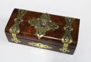 Late 19th / early walnut and brass mounted box, fabric lined interior, 27 x 9 x 12cm