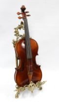West German violin, 59cm, interior label reads 'Franz kirschnek, with a brass stand (2)