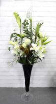 Large black glass vase, 55cm, with artificial flowers