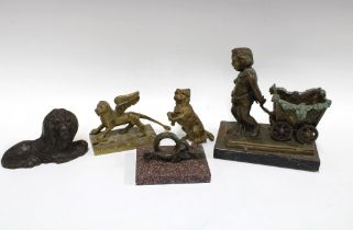 Bronze cherub with carriage, a griffin, desk paperweight and a cast iron lion, etc (5)