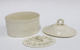 Leeds Pottery creamware oval box and cover with original drainer,