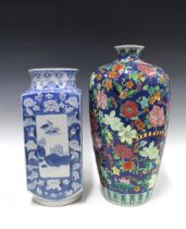 Chinoiserie floral baluster vase, 43cm, together with a blue and white square form vase, 38cm (2)