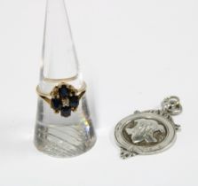 9ct gold sapphire and diamond cluster ring together with a silver fob medallion (2)