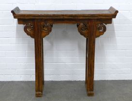 Chinoiserie hardwood altar table, the rectangular top with sloping ens, raised on reeded legs with