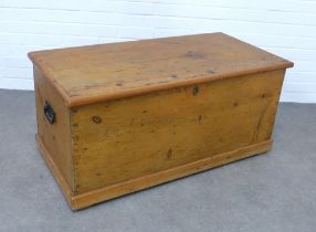 Pine blanket box, void interior and iron handles, 110 x 50 x 55cm.