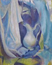 Still Life oil on canvas of a jug, female nude verso, unsigned and framed, 55 x 68cm