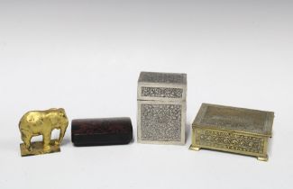 White metal card box, 10cm, together with two other boxes and a gold painted metal elephant (4)