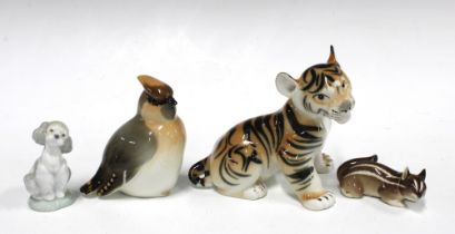 Lomonosov pottery Tiger and Stoat, together with a Lladro dog and an unmarked bird (4) 19cm.