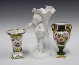 Bloor Derby twin handled pedestal urn vase, handpainted flowers and dark green ground together