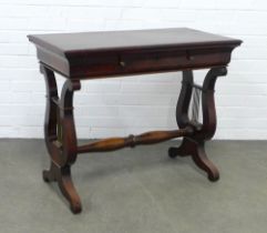 Mahogany table with central frieze drawer and lyre end supports, 93 x 75 x 48cm.