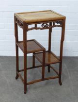 Chinese hardwood side table with pierced frieze and tiered shelves, 41 x 74 x 31cm