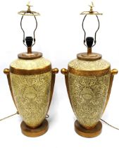 Pair of large ceramic table lamps with foliate pattern in relief, 36 x 80cm. (2)