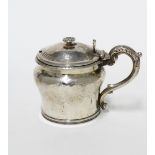 Victorian engraved silver mustard, London 1840, with blue glass liner