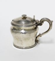 Victorian engraved silver mustard, London 1840, with blue glass liner