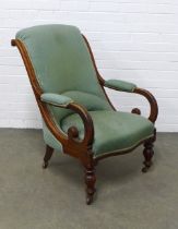 19th century mahogany framed library chair, open arms with with green upholstery, 64 x 92 x 51cm.