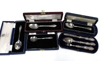 Victorian silver christening set and various boxed silver teaspoons, (5)