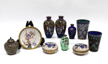 A collection of miniature cloisonné vases, dishes and beakers, tallest 9cm (10)