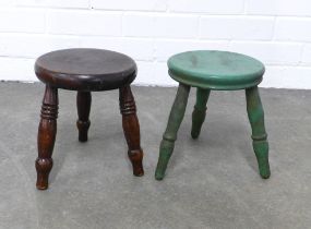 Vintage green painted milking stool and another in dark elm, 21 x 24cm. (2)