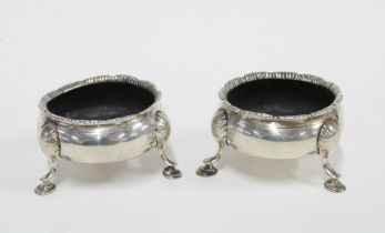 A pair of GEorge III silver cauldron salts, London 1765, 7cm diameter, (2)