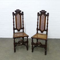 Pair of William & mary style dark oak chairs with cane work seats and backs, 45 x 115 x 41cm. (2)