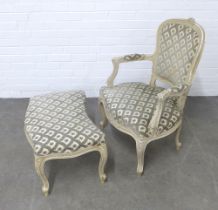 White painted fauteuil with floral carving, upholstered back, seat and arms, 63 x 92cm, together