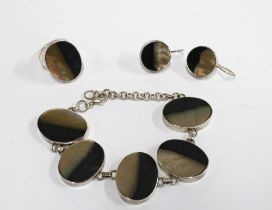 Silver bracelet with five oval shell panels, stamped 925, together with matching drop earrings and