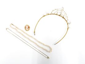 A Cameo brooch, its suspension loop stamped 375, a strand of cultured pearls, a tiara set with