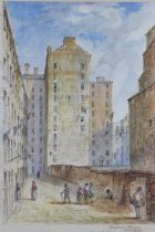 Highest Houses, Edinboro, burnt by the great fire of 1825, watercolour, apparently unsigned,