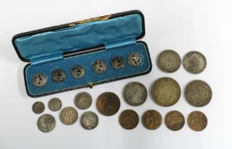 Cased set of six Edwardian silver buttons, a small collection of pre decimal coins