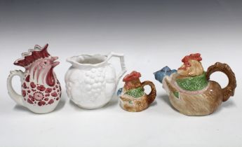 Novelty cockerel teapot and matching milk jug, and a white glazed vine moulded jug, etc (4) 25 x