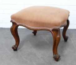 Mahogany stool with carved cabriole legs and pink upholstered seat, 54 x 42cm