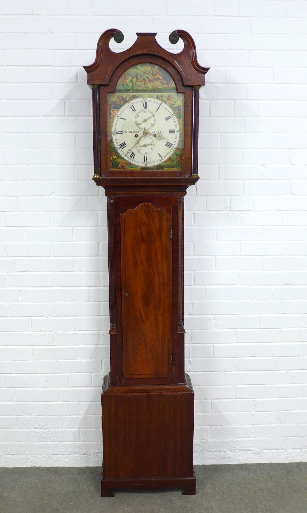 Walter Scott, Lauder painted dial longcase clock in mahogany case with broken swan neck, 54 x 215