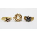 18ct gold gemset ring (one stone missing) and two 9ct gold dress rings (3)