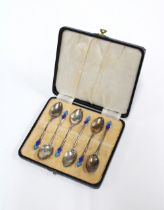 Cased set of six silver and enamel Art Deco coffee spoon, Birmingham 1935 (6)